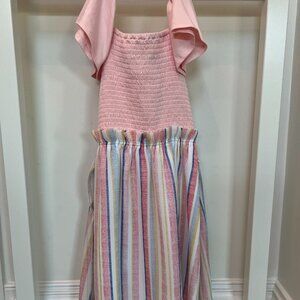 Three Pink Hearts Girls’ Striped Dress – Size M – Ruffle Sleeves & Back Tie